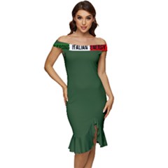 Strong Italian Energy  Off Shoulder Ruffle Split Hem Bodycon Dress by ConteMonfrey