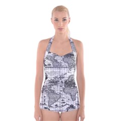 Antique Mapa Mundi Revisited Boyleg Halter Swimsuit  by ConteMonfrey