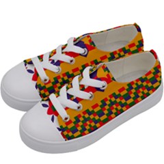 Red Flowers And Colorful Squares                                                                 Kids  Low Top Canvas Sneakers by LalyLauraFLM