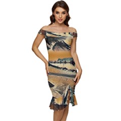 End Of The Day On The Lake Garda, Italy  Off Shoulder Ruffle Split Hem Bodycon Dress by ConteMonfrey