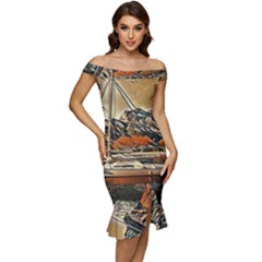 Art Boats Garda, Italy  Off Shoulder Ruffle Split Hem Bodycon Dress by ConteMonfrey
