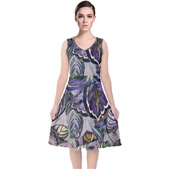 Dark Leaves V-neck Midi Sleeveless Dress  by DinkovaArt