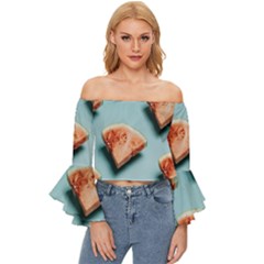 Watermelon Against Blue Surface Pattern Off Shoulder Flutter Bell Sleeve Top