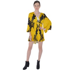 Yellow Regal Filagree Pattern V-neck Flare Sleeve Mini Dress by artworkshop