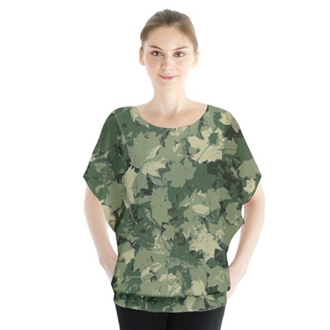 Green Leaves Camouflage Batwing Chiffon Blouse by Ravend