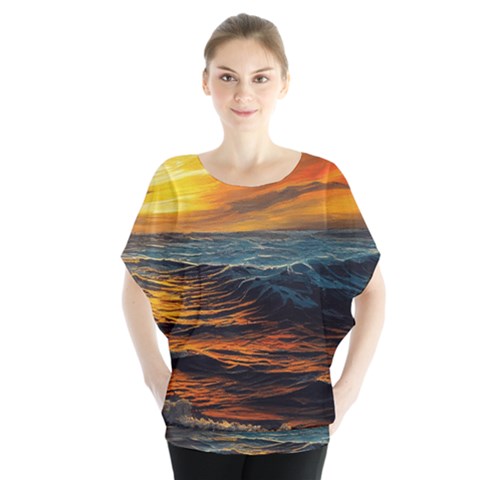 Ocean Sunset Sea Ocean Sunset Batwing Chiffon Blouse by Ravend