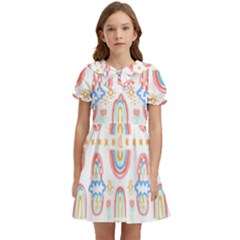 Pattern T- Shirt Rainbow No  8 - Flowers Eyes Stars Moon Sun Rain And Palm Trees Pattern T- Shirt Kids  Bow Tie Puff Sleeve Dress by maxcute