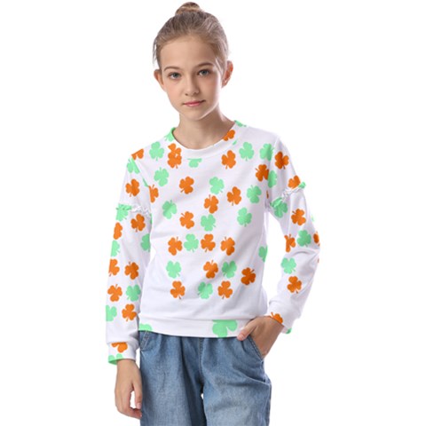 St Patricks Day T- Shirt Green White Orange Shamrock Pattern T- Shirt Kids  Long Sleeve Tee With Frill  by maxcute