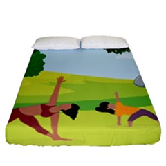 Mother And Daughter Yoga Art Celebrating Motherhood And Bond Between Mom And Daughter  Fitted Sheet (queen Size) by SymmekaDesign