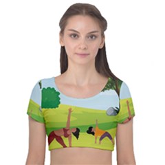 Mother And Daughter Yoga Art Celebrating Motherhood And Bond Between Mom And Daughter  Velvet Short Sleeve Crop Top  by SymmekaDesign