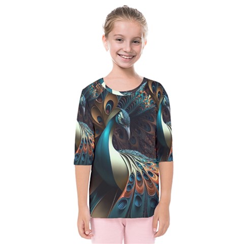 Peacock Bird Feathers Colorful Texture Abstract Kids  Quarter Sleeve Raglan Tee by Pakemis