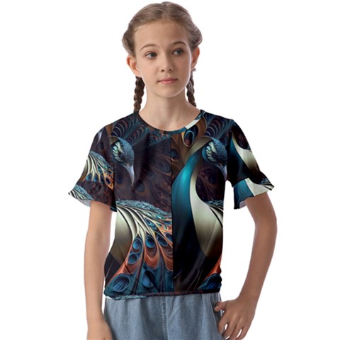 Peacock Bird Feathers Colorful Texture Abstract Kids  Cuff Sleeve Scrunch Bottom Tee by Pakemis