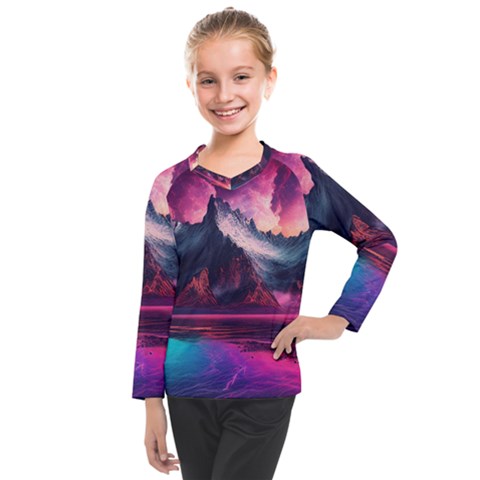 Ai Generated Mountain Ocean Lava Fire Sky Sea Kids  Long Mesh Tee by Pakemis