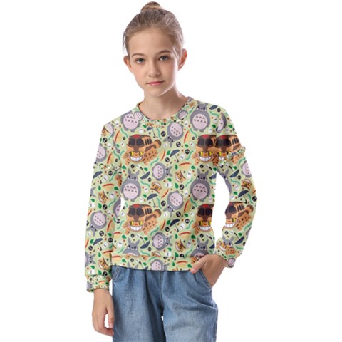 My Neighbor Totoro Pattern Kids  Long Sleeve Tee With Frill  by danenraven