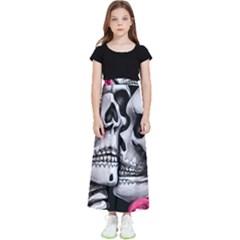 Black Skulls Red Roses Kids  Flared Maxi Skirt by GardenOfOphir