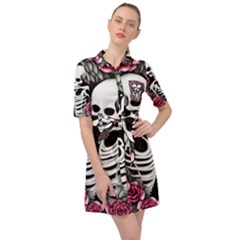 Black And White Rose Sugar Skull Belted Shirt Dress by GardenOfOphir