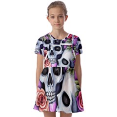 Floral Skeletons Kids  Short Sleeve Pinafore Style Dress by GardenOfOphir