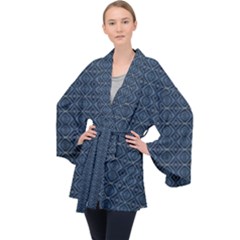 Blue Diamonds Motif Fancy Pattern Design Long Sleeve Velvet Kimono  by dflcprintsclothing