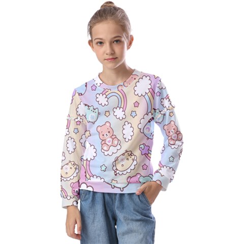 Pusheen Carebears Bears Cat Colorful Cute Pastel Pattern Kids  Long Sleeve Tee With Frill  by Sapixe