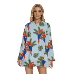 Birds Animals Nature Background Round Neck Long Sleeve Bohemian Style Chiffon Mini Dress by Ravend