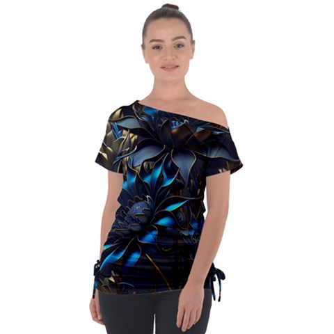 Flower Metal Flowers Sculpture Off Shoulder Tie-up Tee by Ravend