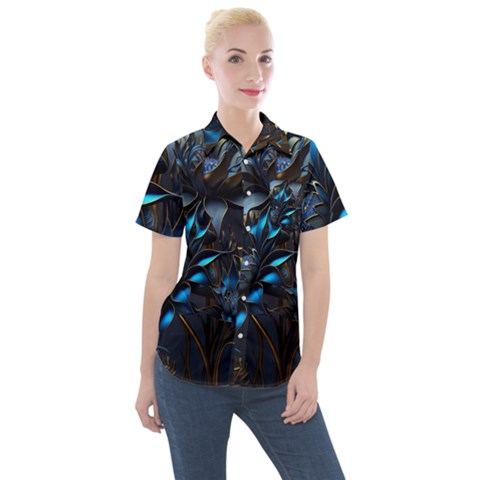 Flower Metal Flowers Sculpture Women s Short Sleeve Pocket Shirt by Ravend