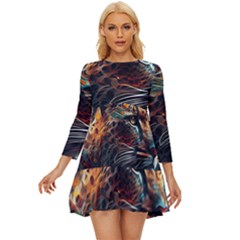 Leopard Feline Artwork Art Fantasy Long Sleeve Babydoll Dress by Ravend