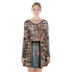 Books Long Sleeve Velvet V-neck Dress by artworkshop