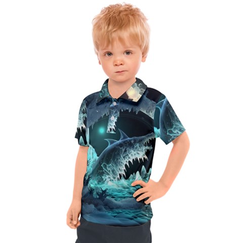 Sculpture Dinosaur Shark Frozen Winter Fantasy Kids  Polo Tee by Ravend