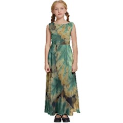 Colored Close Up Plants Leaves Pattern Kids  Satin Sleeveless Maxi Dress by dflcprintsclothing