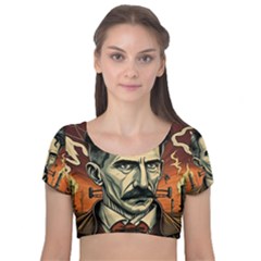 Ai Generated Nikola Tesla Tesla Nikolas Electricity Velvet Short Sleeve Crop Top  by danenraven