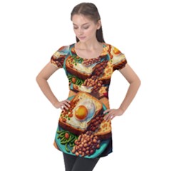 Ai Generated Breakfast Egg Beans Toast Plate Puff Sleeve Tunic Top by danenraven