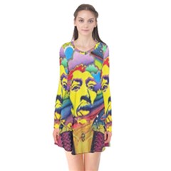 Psychedelic Rock Jimi Hendrix Long Sleeve V-neck Flare Dress by Jancukart