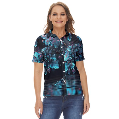 Ai Generated Cherry Blossom Women s Short Sleeve Double Pocket Shirt by Ravend