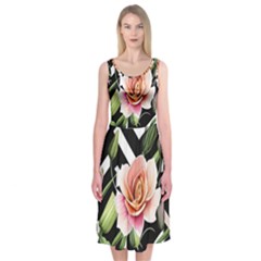 Black Chevron Peach Lilies Midi Sleeveless Dress by GardenOfOphir