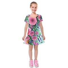 Adorned Watercolor Flowers Kids  Short Sleeve Velvet Dress by GardenOfOphir