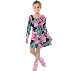 Expressive Watercolor Flowers Botanical Foliage Kids  Long Sleeve Velvet Dress by GardenOfOphir