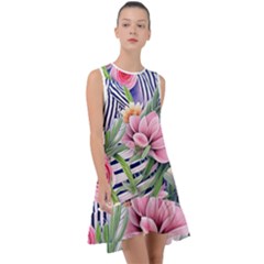 Luxurious Watercolor Flowers Frill Swing Dress by GardenOfOphir