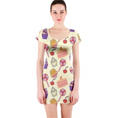 Happy Birthday Cupcake Pattern Lollipop Flat Design Short Sleeve Bodycon Dress by Ravend