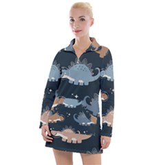 Dino Art Pattern Design Wallpaper Background Women s Long Sleeve Casual Dress by Ravend