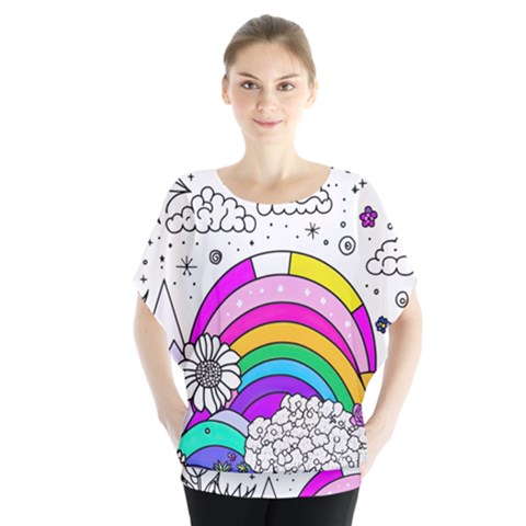 Rainbow Fun Cute Minimal Doodle Drawing Art Batwing Chiffon Blouse by Ravend