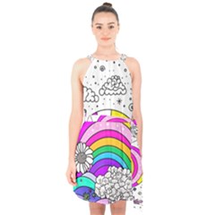 Rainbow Fun Cute Minimal Doodle Drawing Art Halter Collar Waist Tie Chiffon Dress by Ravend