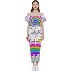 Rainbow Fun Cute Minimal Doodle Drawing Art Off Shoulder Ruffle Top Jumpsuit by Ravend