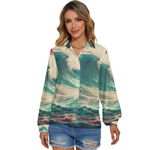 Storm Tsunami Waves Ocean Sea Nautical Nature Painting Women s Long Sleeve Button Down Shirt by Ravend