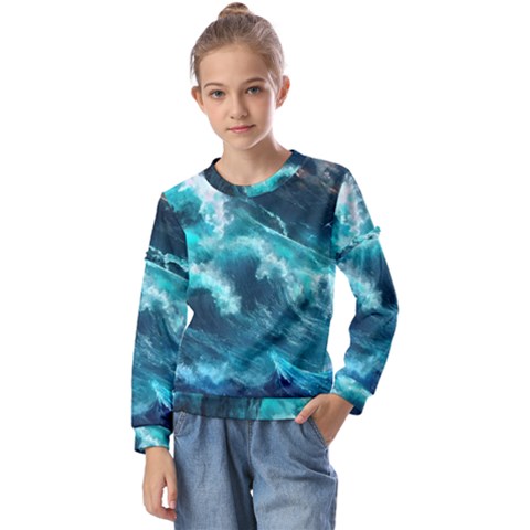 Thunderstorm Tsunami Tidal Wave Ocean Waves Sea Kids  Long Sleeve Tee With Frill  by Ravend