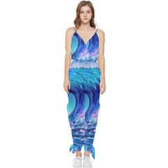 Tsunami Tidal Wave Ocean Waves Sea Nature Water Blue Sleeveless Tie Ankle Chiffon Jumpsuit by Ravend