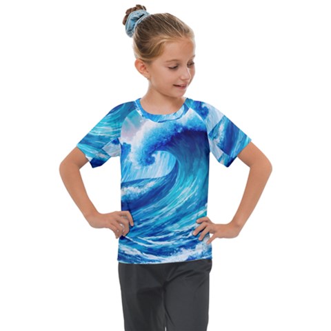 Tsunami Tidal Wave Ocean Waves Sea Nature Water Blue Painting Kids  Mesh Piece Tee by Ravend