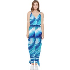 Tsunami Tidal Wave Ocean Waves Sea Nature Water Blue Painting Sleeveless Tie Ankle Chiffon Jumpsuit by Ravend