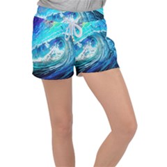 Tsunami Waves Ocean Sea Nautical Nature Water Painting Velour Lounge Shorts by Ravend