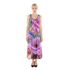 Broken And Budding Watercolor Flowers Sleeveless Maxi Dress by GardenOfOphir